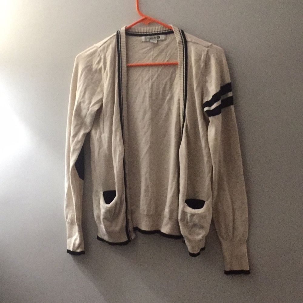 Collegiate style cardigan with elbow patch detail